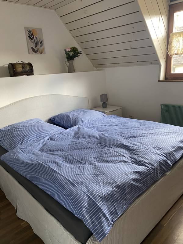 Schlafzimmer mit Doppelbett unter der Dachschräge